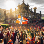 En festkledd folkemengde med norske flagg i et solrikt landskap, foran en historisk bygning, feirer 17. mai