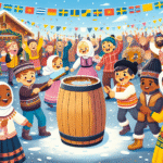 Illustrasjon av Fastelavn-feiring med barn som slår katten ut av tønnen, og en bakgrunn som viser feiringen av Samenes nasjonaldag med samiske flagg.