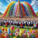 A scenic view of a Norwegian May celebration with blooming flowers, traditional costumes, and people in a festive parade.