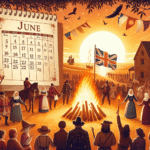 Solrik junidag med kalenderblad for juni, historiske symboler, bål og mennesker som feirer ved solnedgang, varm og realistisk stil
