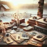 Vinterlandskap med gamle arkivdokumenter og fotografier spredt på et trebord, myk naturlig belysning, varm nostalgisk tone