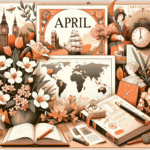 Illustrasjon av april: en komposisjon med vårblomster, historiske dokumenter og et verdenskart, varm fargepalett, informativ og moderne stil