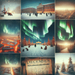Vinterlig collage av historiske øyeblikk i desember: nordlys over et snødekt bylandskap, gammelt avisutklipp og et kalenderblad for desember