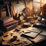 Et stemningsfullt skrivebord med åpne historiebøker, gamle avisklipp og en kalender hvor en bestemt dato er markert, i varmt lys.