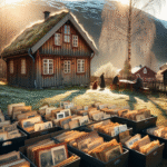 Vårdag i norsk landsby med gamle fotografier, folk som blar i arkiver ved et trehus, mykt vårlys