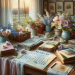 Stemningsfullt vårmotiv for mars: historiske dokumenter og kalenderark på et trebord, mykt naturlig lys, nydelige pastellfarger, fokus på arkivering og minner