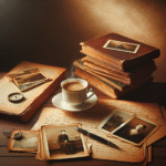 En varm, nostalgisk scene med gamle fotografier, et notatark, en åpen bok og en kopp kaffe på et trebord, myk naturlig belysning